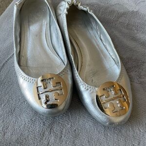 Tory Burch Silver Flats with Gold Logo